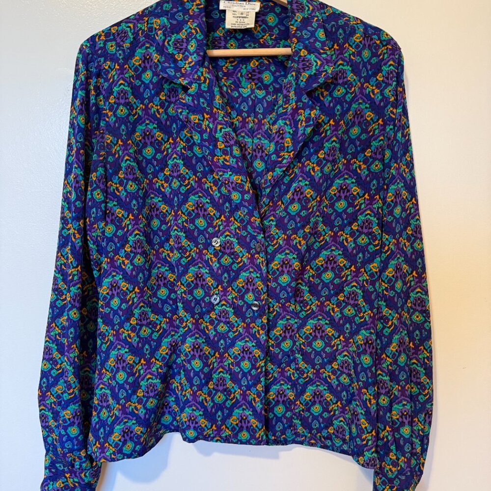 Vintage Christian Dior double breasted ikat pattern blouse